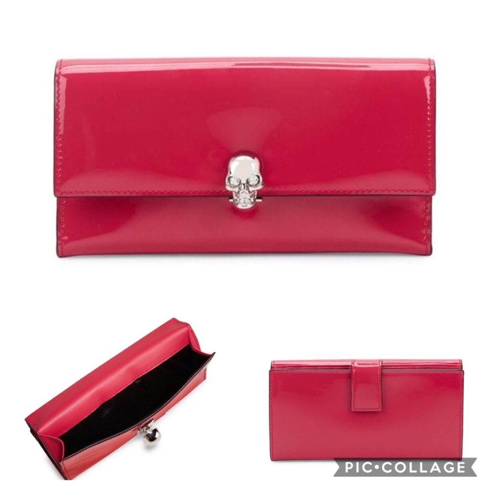 Alexander McQueen Patent Leather Skull Clasp Wallet in Bright Pink